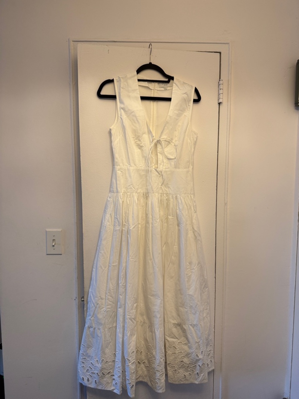 Sleeveless White Eyelet Midi Dress with Tie Front